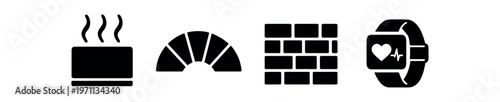 Mixed bakery, construction and health wearable icon set. steaming cake or bread, croissant, brick wall, smartwatch heart rate. flat vector illustration.