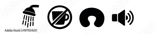 Solid hotel amenity icons. shower, no coffee sign, neck pillow, speaker, black silhouette symbols. line and flat vector illustration.