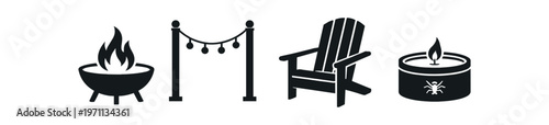 Outdoor campfire icon set. fire pit, string lights, patio chair, tealight candle, bonfire, backyard relaxation. line, flat and colored vector icon set.