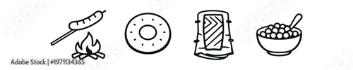Campfire cooking icon set. roasted sausage on stick, round bread, fish on plank grill, bowl of porridge, outdoor meal. line, flat and colored vector icon set.