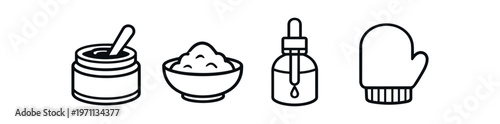 Cosmetic jar, bowl with scrub, dropper bottle and oven mitt icon set. skincare, beauty, cream, scrub, serum, pipette, glove, spa, cosmetic containers. line and flat vector illustration.