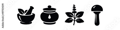 Ayurvedic spa icon set. mortar and pestle, herbal jar, medicinal herb sprig, facial roller. flat vector illustration.