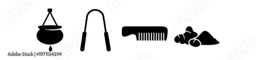 Ayurvedic spa icon set. shirodhara oil pot, tongue cleaner, comb, ginger and powder. flat vector illustration.
