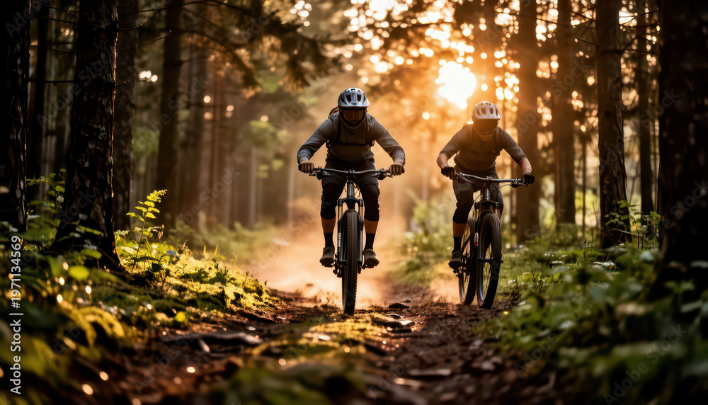 Obraz premium Two men ride mountain bikes through a forest trail. The sun sets behind the trees, illuminating the path and creating a serene atmosphere.