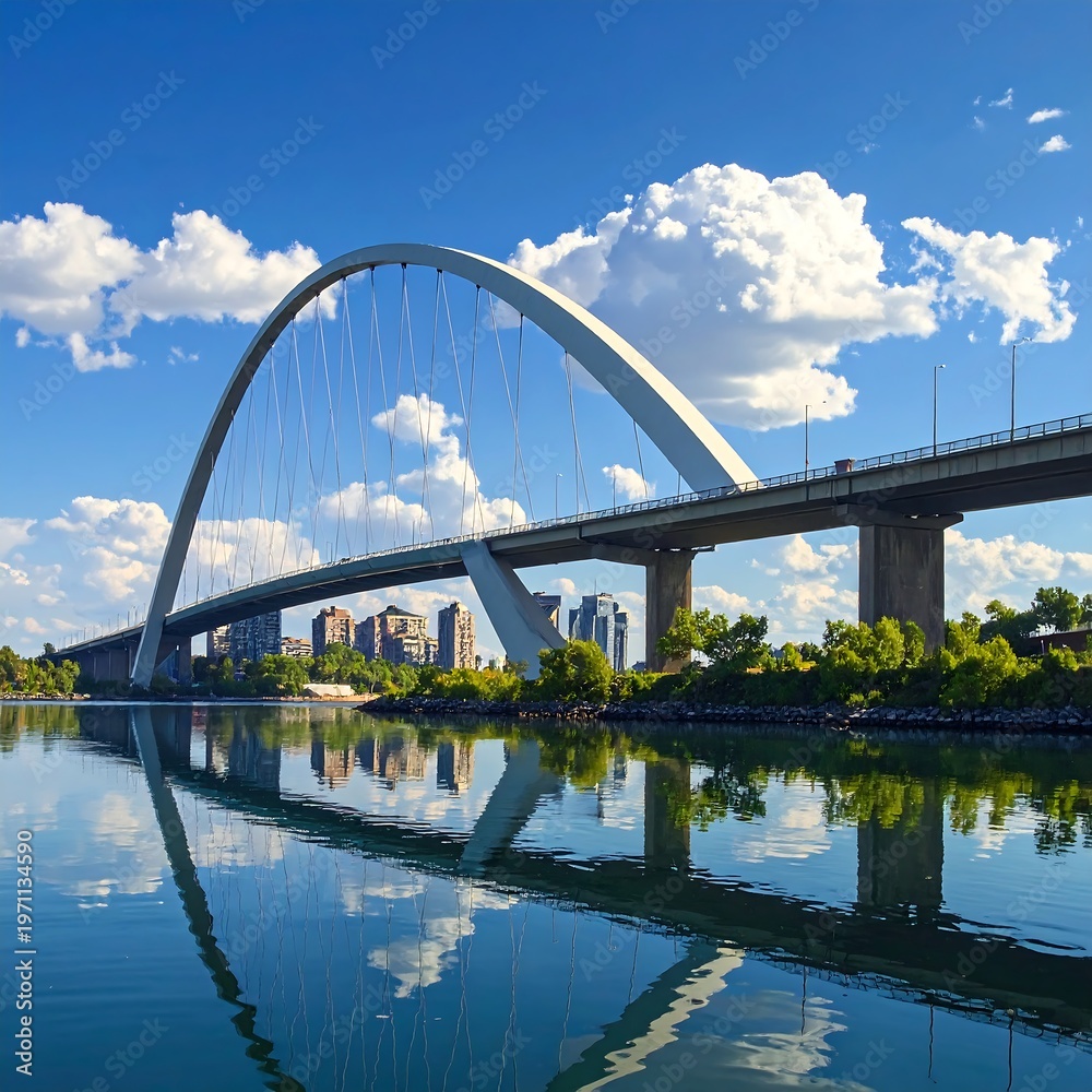Fototapeta premium A large white arched bridge over a body of water with cityscape