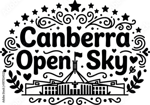 Canberra open sky lettering with parliament house building and decorative stars and hearts vector art