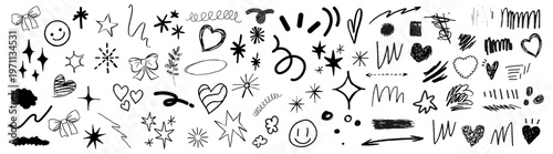 A collection of hand-drawn doodles featuring stars, hearts, arrows, and smile faces. Includes various abstract shapes and lines in black ink. Doodle element isolated vector set.