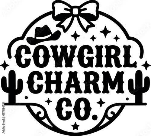 Black and white cowgirl charm co text with cowboy hat cactus and stars vector art