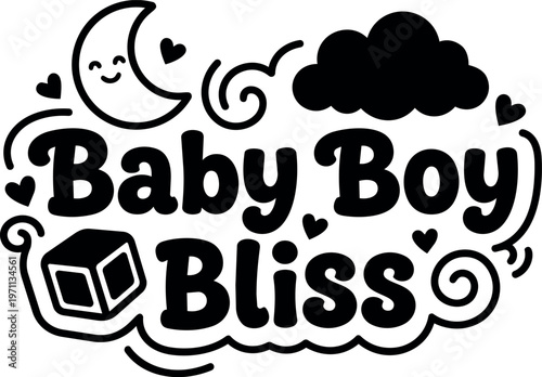 Playful baby boy bliss lettering with smiling moon cloud and block vector art