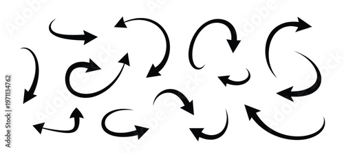 Assortment of stylized black arrows suggesting movement, direction, and flow