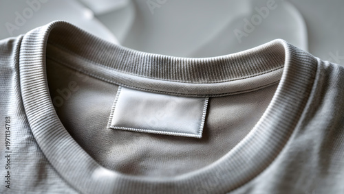 Tshirt neck area with blank woven label featuring sharp focus on intricate stitching and soft fabric under diffused studio lighting generative AI