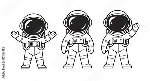 Collection of cute little astronaut characters in space suit showcasing adorable figures with fun poses and friendly expressions, designed in a modern cartoon vector style suitable for kids’ books
