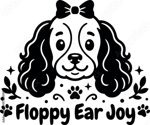 Black and white floppy ear dog face with bow and paws text floppy ear joy vector art