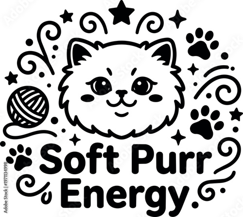 Soft purr energy playful cat face with yarn ball and paw prints vector art