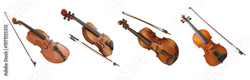 Foto Assortment of classic wooden violins with their bows, gracefully positioned on a transparent background for musical