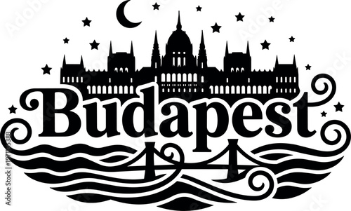 Black and white budapest cityscape with river waves stars moon and bridge vector art