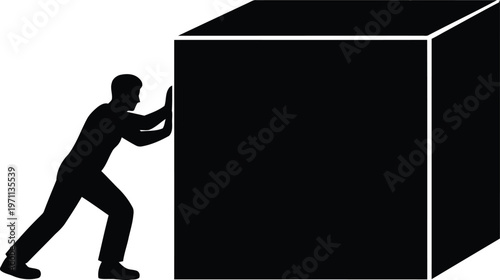 Title: Man Pushing Large Cube Silhouette Representing Hard Work and Persistence Vector