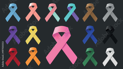 Colorful awareness ribbons in various shades, including pink, blue, and yellow, on a dark background. Each ribbon symbolizes different causes and awareness efforts. Awareness ribbons, vector set.