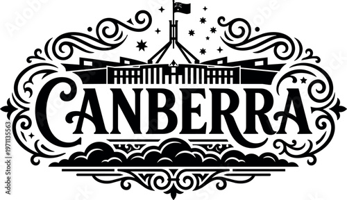 Canberra lettering with australian parliament house silhouette and decorative swirls vector art