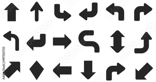 Assortment of dark gray arrow icons indicating different directions and movements