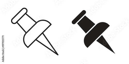 Push pin icon set, collection of icon in editable strokes and flat versions