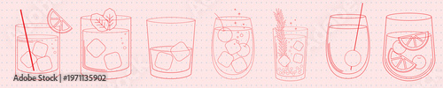 Illustration of various cocktail glasses with ice cubes, garnishes, and straws. Different cocktail designs in a minimalist, line-art style. Party illustrations, isolated element vector set.