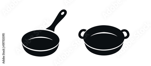 Frying pan and saucepan icons. skillet, pan, pot, cookware, kitchen utensils, cooking. flat vector illustration isolated on white background.
