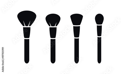 Makeup brushes icon set. cosmetic brush silhouettes, powder, foundation, eyeshadow, fan brush for beauty and makeup. flat vector illustration isolated on white background.