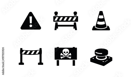 Hazard and roadwork icon set. warning, danger, barricade, traffic cone, caution sign, emergency button. line and flat vector illustration.