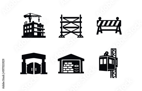 Construction site and equipment icon set. building under construction, scaffolding, barrier, garage, warehouse, hoist. line and flat vector illustration.