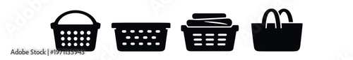 Laundry baskets icon set. woven basket, laundry hamper, folded clothes basket, tote bag, storage container. line, flat and colored vector icon set.