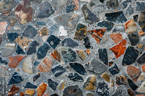 Photo of Grey terrazzo particles pattern on floor surface. Background texture for backdrops or mapping