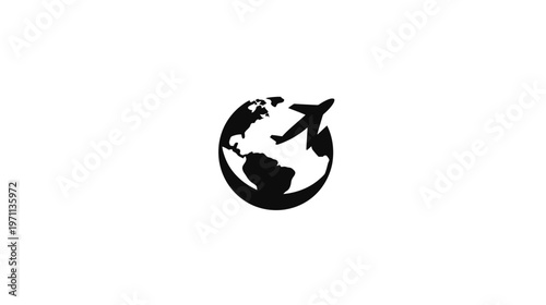 Global travel icon with airplane circling earth, minimalist vector graphic concept for worldwide journey and aviation.