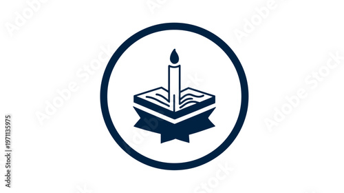 Vector icon of a lit candle illuminating an open book within a dark blue circular frame, symbolizing knowledge, wisdom, and education.