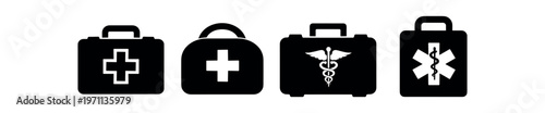 Medical kit icon set. first aid kits, emergency case, caduceus and star of life medical suitcase. line, flat and colored vector icon set.