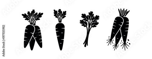 Carrot and parsley icon set. carrot bunch, single carrot, herb, parsley sprig, root vegetable, gardening. line, flat and colored vector icon set.