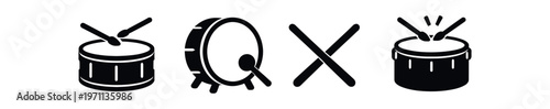 Drum icon set. snare drum, bass drum, crossed drumsticks, percussion, music, rhythm. line, flat and colored vector icon set.