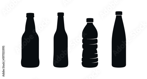 Bottle and plastic water bottle icon set. beverage, drink container, glass bottle, recyclable, packaging. line and flat vector illustration.