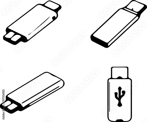 Minimalist USB flash drive vector set, black and white thumb drive icons, portable data storage device illustrations for technology and computing