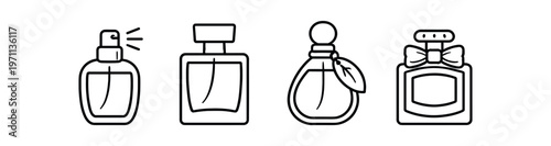 Perfume bottle icon set. fragrance, spray, cologne, scent, cosmetics, atomizer, beauty. line, flat and colored vector icon set.