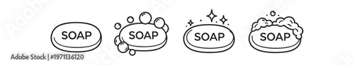 Soap bar icon set. soap, bubble soap, lather, cleansing, hygiene, bath, wash. personal care, bathroom, cleaning, foam. line and flat vector illustration.