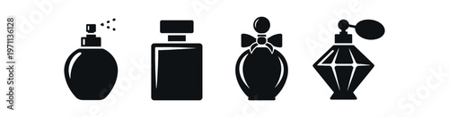 Perfume bottle icon set. fragrance, spray, cologne, scent, cosmetics, atomizer, beauty. line, flat and colored vector icon set.
