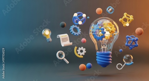World Intellectual Property Day 3D illustration with lightbulb and patent