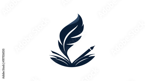 Elegant quill feather, open book, and pencil graphic illustration symbolizing education, writing, literature, and learning.