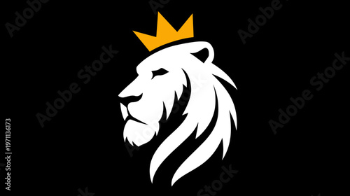 Regal white lion head profile with golden crown on a stark black background, symbolizing power, strength, and leadership.
