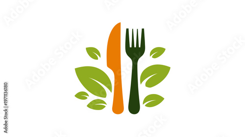 Healthy Organic Food Logo Design with Green Leaves, Fork, and Knife for Restaurant or Nutrition