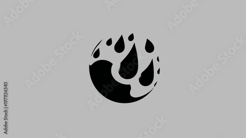 Abstract black paw print icon formed by water droplets in a circular shape on a grey background, conceptual graphic design.