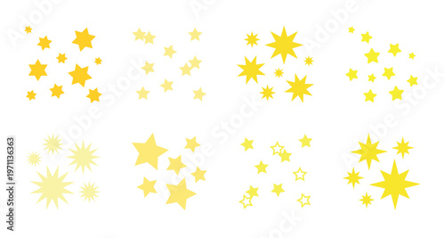 A collection of yellow star shapes in various sizes and patterns. Stars are arranged in clusters, with different star designs and shades of yellow. Sparkles element vector set.