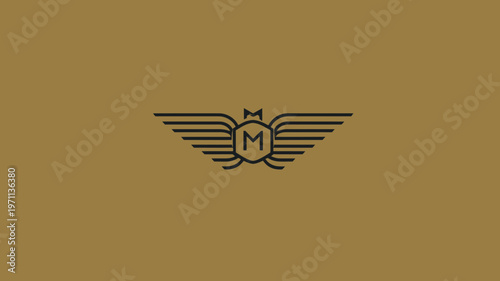 Elegant minimalist letter M logo with wings and crown on golden background. Modern line art emblem for luxury branding and graphic design.