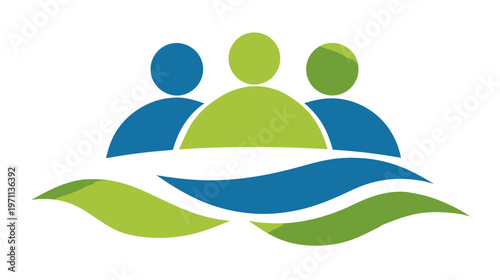 Stylized group of three people with flowing green and blue waves, symbolizing community, teamwork, collaboration, and environmental care.